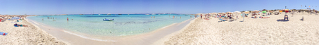 FORMENTERA, SPAIN - JUNE 2015: Tourists enjoy wonderful island beach, panoramic view. Formentera is a famous tourist destination in Spain.のeditorial素材