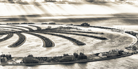 Aerial view of Dubai Palm Jumeirah Island, UAE.のeditorial素材