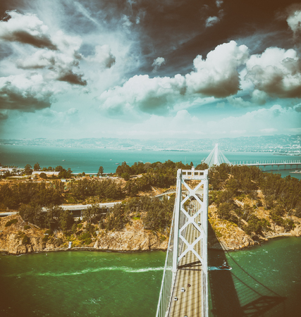 Overhead view of Bay Bridge in  San Francisco from helicopter, CA.のeditorial素材