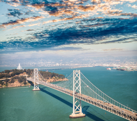 Aerial view of Bay Bridge in  San Francisco from helicopter, CA.のeditorial素材