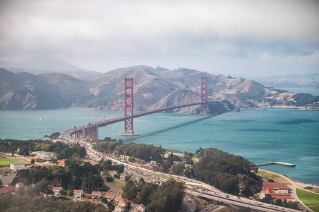 Aerial view of San Francisco Golden Gate Bridge from Helicopter.のeditorial素材