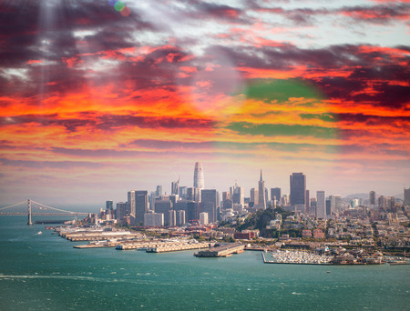 Aerial view of Downtown San Francisco skyline from helicopter, CA.のeditorial素材