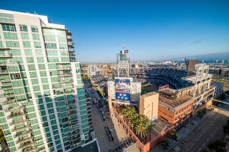 SAN DIEGO - JULY 29, 2017: Petco Park and Coronado Bridge on background. San Diego attracts 20 million people annually.のeditorial素材