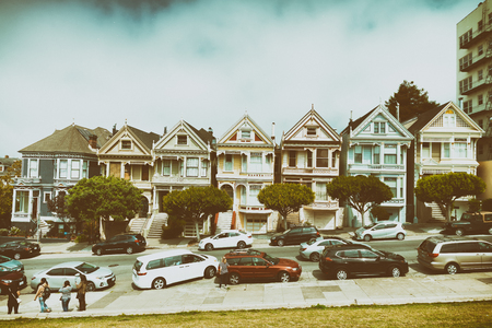 SAN FRANCISCO - AUGUST 5, 2017: The Painted Ladies. They are a row of colorful Victorian houses located near scenic Alamo Square.のeditorial素材