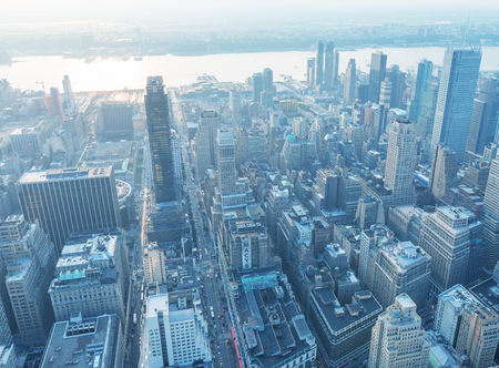 NEW YORK CITY - JUNE 9, 2013: Night aerial view of Midtown skyscrapers. New York attracts 50 million tourists every year.のeditorial素材
