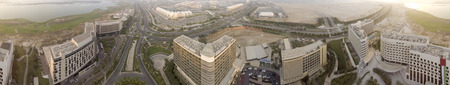 Abu Dhabi aerial view of Yas Island buildings.