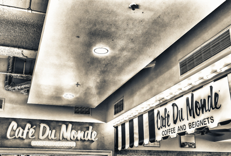 NEW ORLEANS - JANUARY 2016: Cafe du Monde entrance signs. Cafe du Monde is a major attraction in New Orleans.のeditorial素材