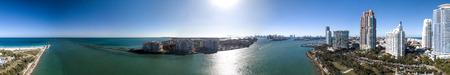 South Pointe Park in Miami. Panoramic aerial view of city skyline at dusk.