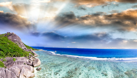 Panoramic aerial view of beautiful tropical Island at sunset.の写真素材