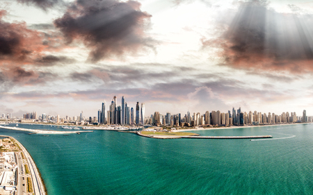 Dubai Marina aerial panoramic view at sunset, UAE.のeditorial素材