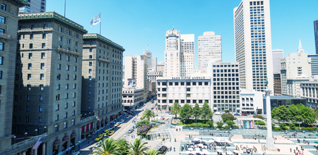 SAN FRANCISCO - AUGUST 5, 2017: Aerial view of Union Square skyline on a sunny day. The city attracts 20 million people annually.のeditorial素材