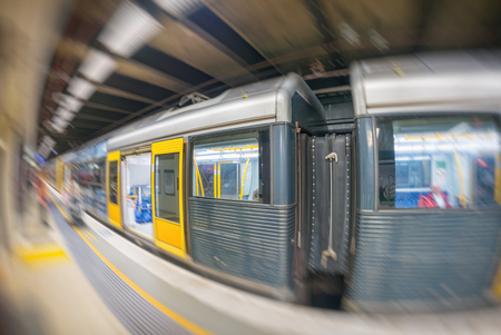 SYDNEY - OCTOBER 2015: Sydney subway train arrives at station. Sydney Trains is the suburban passenger rail network serving the city .のeditorial素材