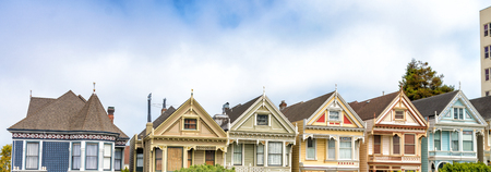 SAN FRANCISCO - AUGUST 5, 2017: The Painted Ladies. They are a row of colorful Victorian houses located near scenic Alamo Square.のeditorial素材