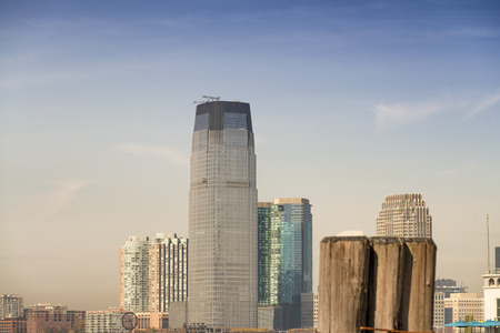 Jersey City modern skyline at sunset, USA.