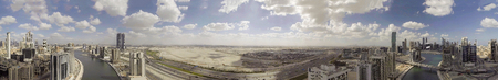 Downtown Dubai skyline and river, aerial panoramic view.