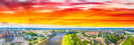 Panoramic aerial view of Dresden at dusk, Germany.の写真素材