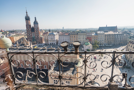 KRAKOW, POLAND - OCTOBER 1, 2017: Aerial view of city main square on a beautiful autumn day. Krakow attracts 10 million people annually.のeditorial素材