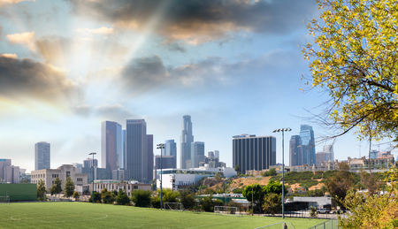 Skyline of Los Angeles at dusk.の写真素材