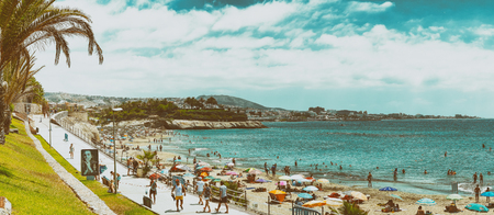 TENERIFE, SPAIN - SEPTEMBER 4, 2016: Panoramic view of Los Cristianos Beach. Tenerife is a major sea destination in Europe.のeditorial素材