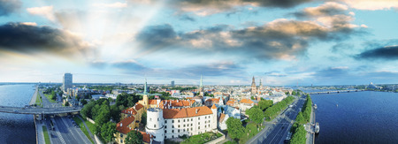 Sunset over Riga, Latvia. Aerial view in summer season.