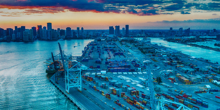 MIAMI - FEBRUARY 2016: Aerial view of city skyline from helicopter. Miami attracts 20 million people every year.のeditorial素材