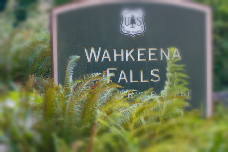 OREGON, US - AUGUST 19, 2017: Wahkeena Falls entrance. They are a famous attraction along Columbia river gorge..のeditorial素材