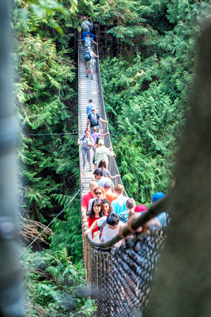 VANCOUVER, CANADA - AUGUST 11, 2017: Visitors exploring the Capilano Suspension Bridge park in North Vancouver, Capilano Suspension Bridge is 460 feet long and 230 metres above the river.のeditorial素材
