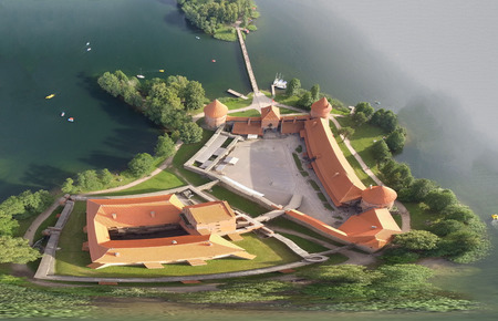 Overhead aerial view of Trakai Castle in Lithuania.のeditorial素材