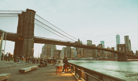 Brooklyn Bridge and Downtown Manhattan at sunset, New York City.のeditorial素材