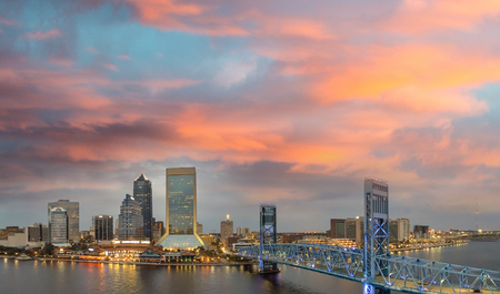 Amazing panoramic aerial view of Jacksonville skyline at dusk, Florida.の写真素材