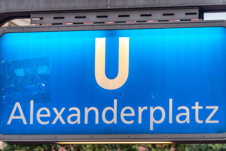 BERLIN, GERMANY - JULY 23, 2016: Alexanderplatz metro S-Bahn train station sign. Berlin U-Bahn is a rapid transit railway system in and around Berlin capital city of Germany.のeditorial素材