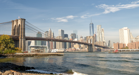 NEW YORK CITY - OCTOBER 25, 2015: Downtown Manhattan from Brooklyn Bridge Park. The city attracts 50 million people every year.のeditorial素材