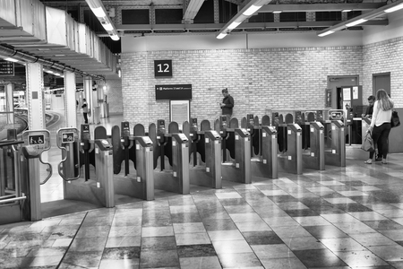 LONDON - SEPTEMBER 26, 2016: City subway gates. The system has 270 stations and 250 miles of tracks.のeditorial素材