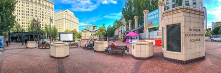 PORTLAND, OR - AUGUST 18, 2017: Panoramic view of Pioneer Courthouse Square. Portland attracts 5...