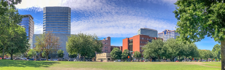 PORTLAND, OR - AUGUST 18, 2017: Panoramic view of city park. Portland attracts 5 million tourists annually.のeditorial素材