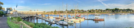 PORTLAND, OR - AUGUST 19, 2017: Panoramic view of Hayden Bay with docked boats. Portland attracts 5 million visitors annually.のeditorial素材