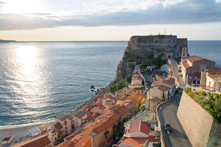 Aerial view of Scilla cityscape at sunset, Italy.のeditorial素材