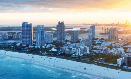 Miami Beach aerial skyline on a beautiful winter sunset.