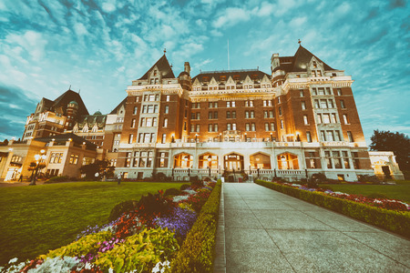 VICTORIA, CANADA - AUGUST 14, 2017: The Empress Hotel on a beautiful summer evening. Victoria is a popular destination in Vancouver Island.のeditorial素材