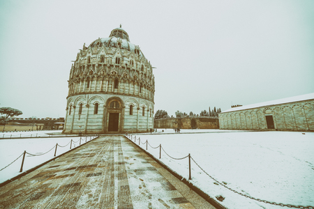 PISA, ITALY - MARCH 1, 2018: Square of Miracles with snow on a winter morning. Last snowfall had been in 2010.のeditorial素材
