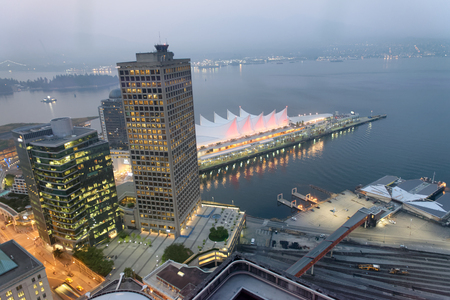 Canada Place aerial view at night in Vancouver.のeditorial素材
