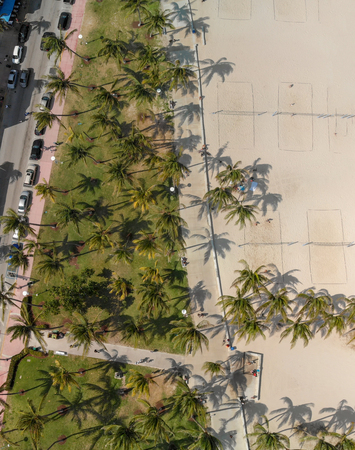 Panoramic overhead view of Miami Beach Lummus Park and Ocean Drive as seen from drone.