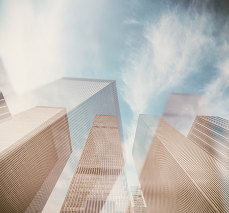 New York City skyline at sunset, business concept.の写真素材