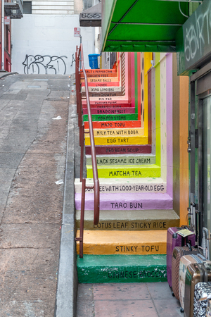 SAN FRANCISCO, CA - AUGUST 7, 2017: Coffee shop in city center with menu written on the stairs. The city has plenty of coffee shops in Downtown.のeditorial素材