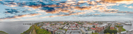 Aerial panoramic sunset view of Charleston, South Carolina.の写真素材