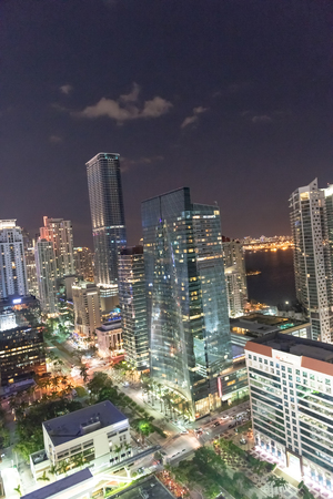 Nigh skyline of Downtown Miami, aerial view of city skyscrapers.の写真素材