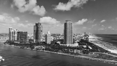 Aerial panoramic view of Miami skyline and coastline from South Pointe Park, Florida.の写真素材