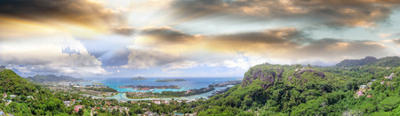 Aerial panoramic view of Mahe' mountains and Eden island at dusk, Seychelles.の写真素材
