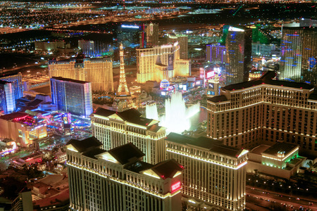 Las Vegas Strip Casinos at night from the helicopter. Night lights of Nevada, USA.のeditorial素材