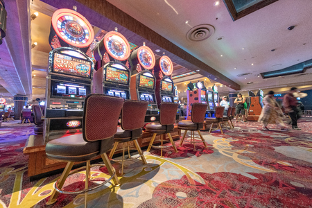 LAS VEGAS, NV - JUNE 30, 2018: Slot machines in Excalibur Hotel in Las Vegas. It is one of the most luxurious hotels in Las Vegas.のeditorial素材